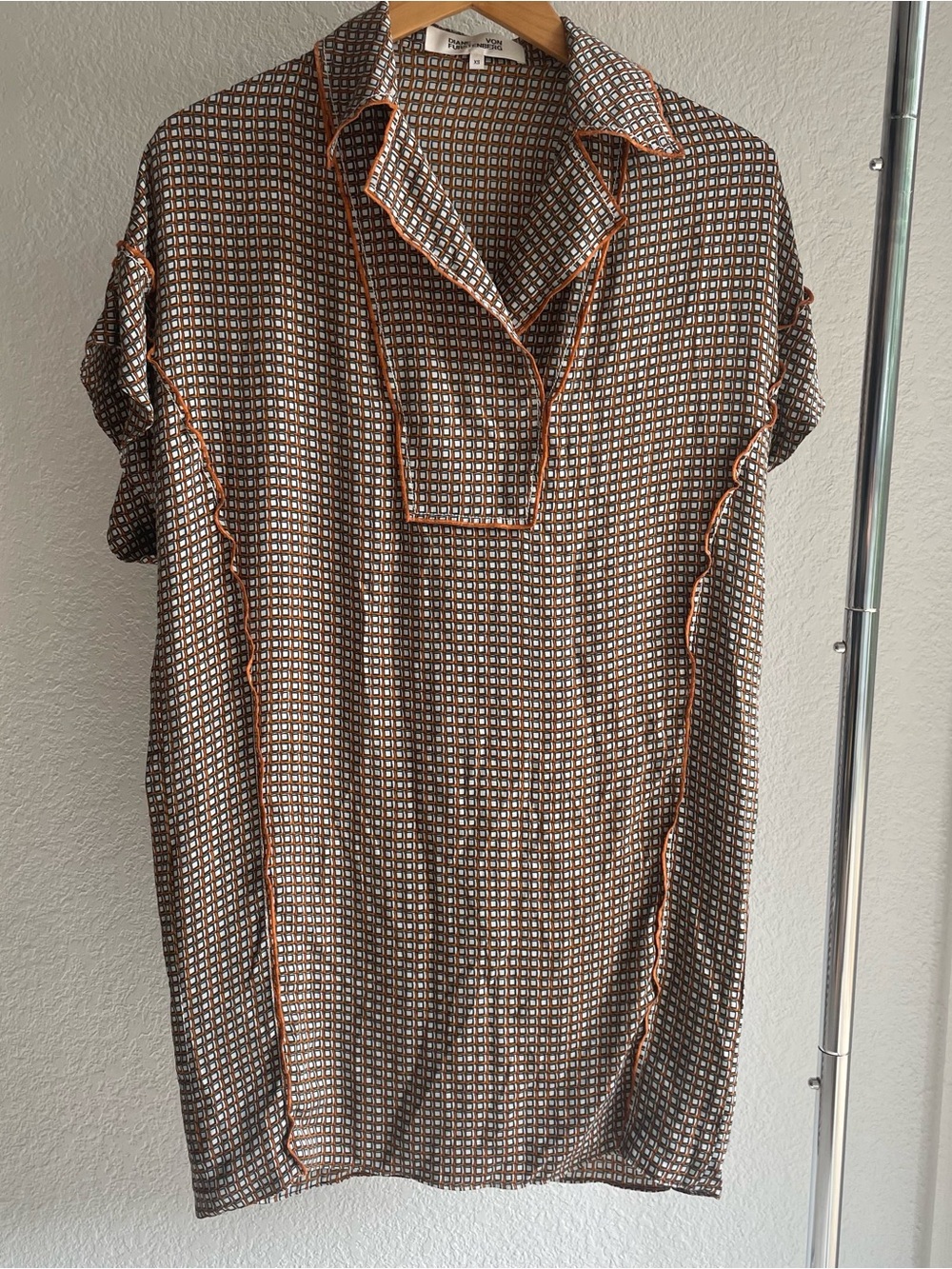 Diane Von Furstenberg Brown Orange check 60s tunic silk stretch